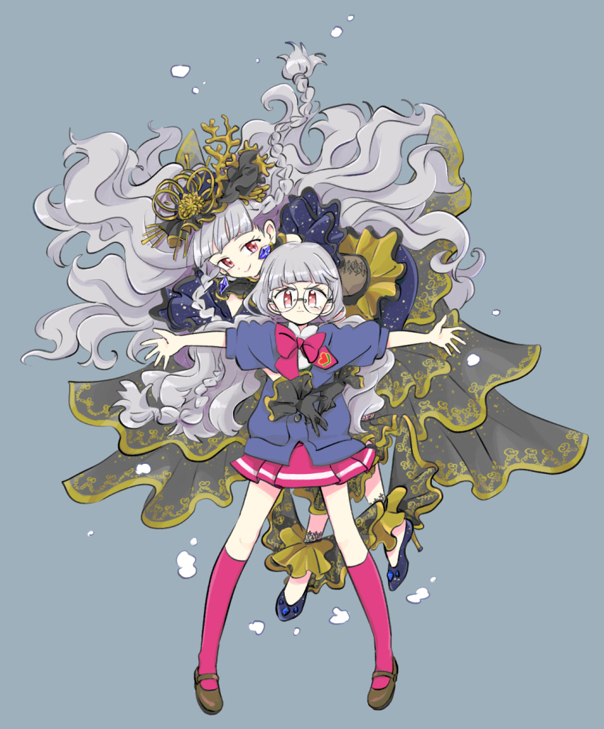 2girls, bangs, black_gloves, blunt_bangs, braid, brown_footwear, character_request, earrings