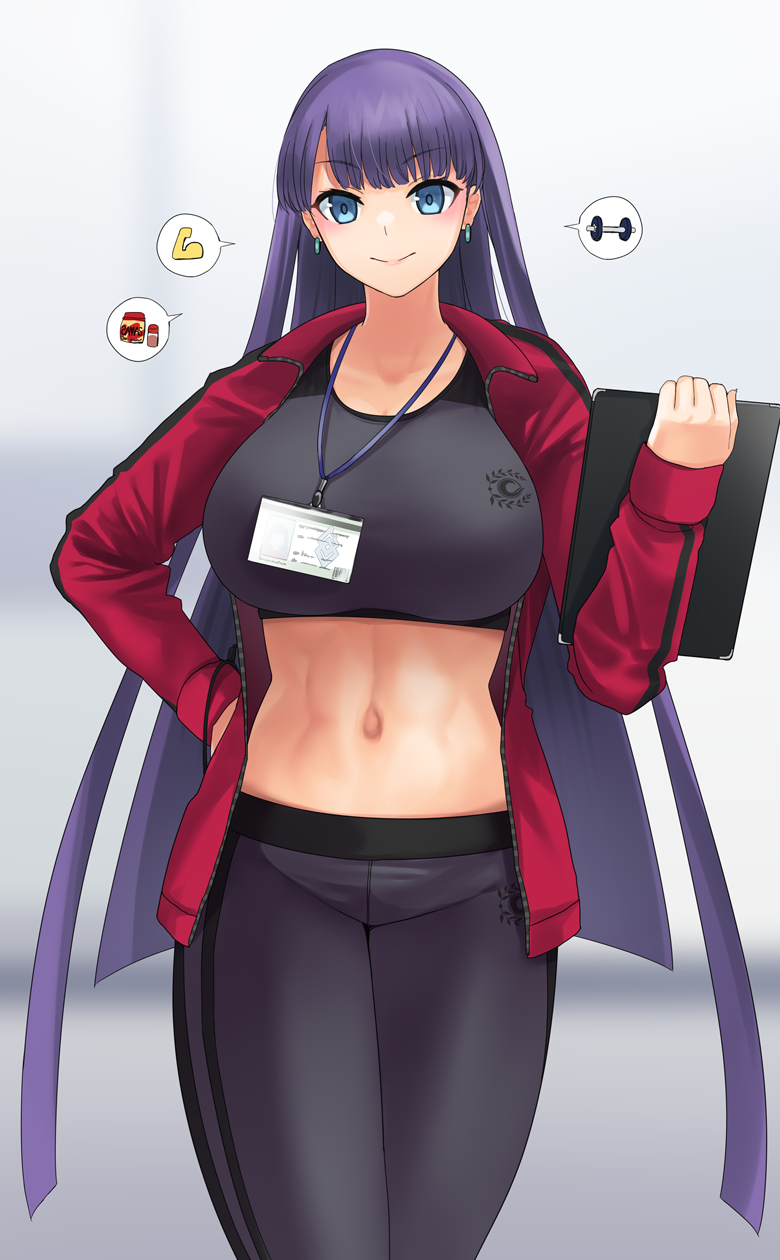 1girl, bangs, black_pants, blunt_bangs, blush, breasts, clipboard, earrings
