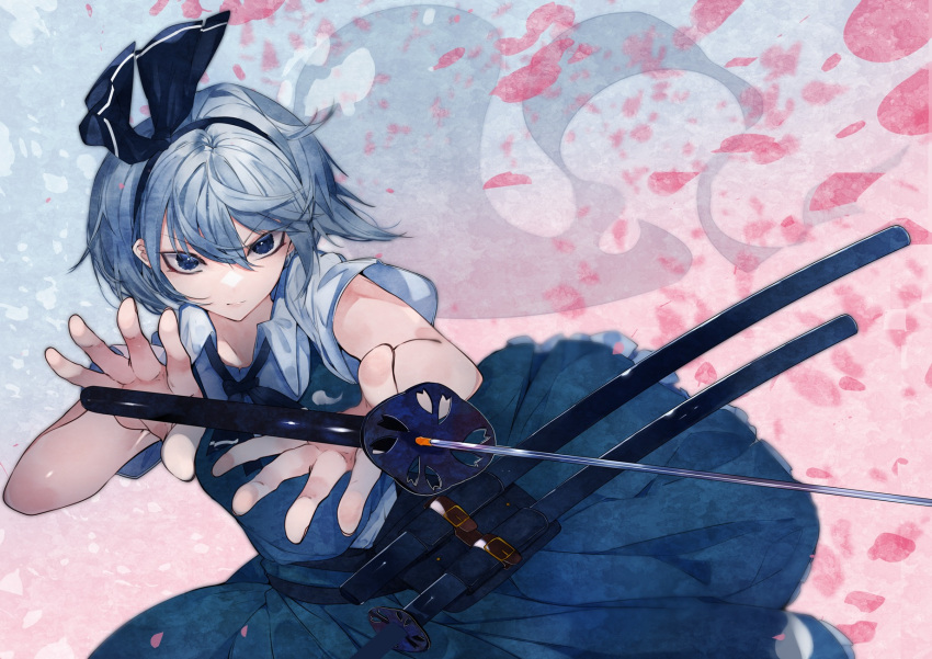 1girl, balancing, bangs, belt, black_hairband, black_neckwear, black_ribbon, blue_eyes