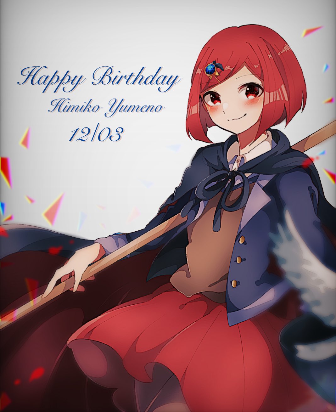 1girl, bangs, beruna0612, black_cape, black_jacket, blue_shirt, blush, brown_sweater