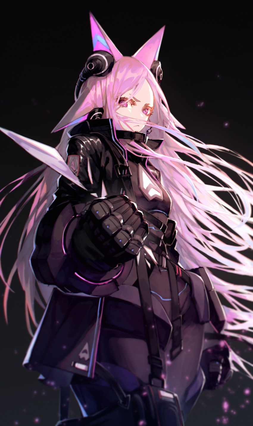 1girl, absurdres, animal_ears, bag, black_gloves, black_jacket, breasts, clenched_hands
