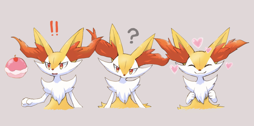 !!, ?, animal_ear_fluff, animal_nose, braixen, closed_eyes, closed_mouth, fangs, gen_6_pokemon, grey_background, head_tilt, heart, highres, looking_at_viewer, multiple_views, open_mouth, poke_puff, pokemon, pokemon_(creature), simple_background, smile, sukasshu_(mroooo), tongue, white_fur, yellow_fur
