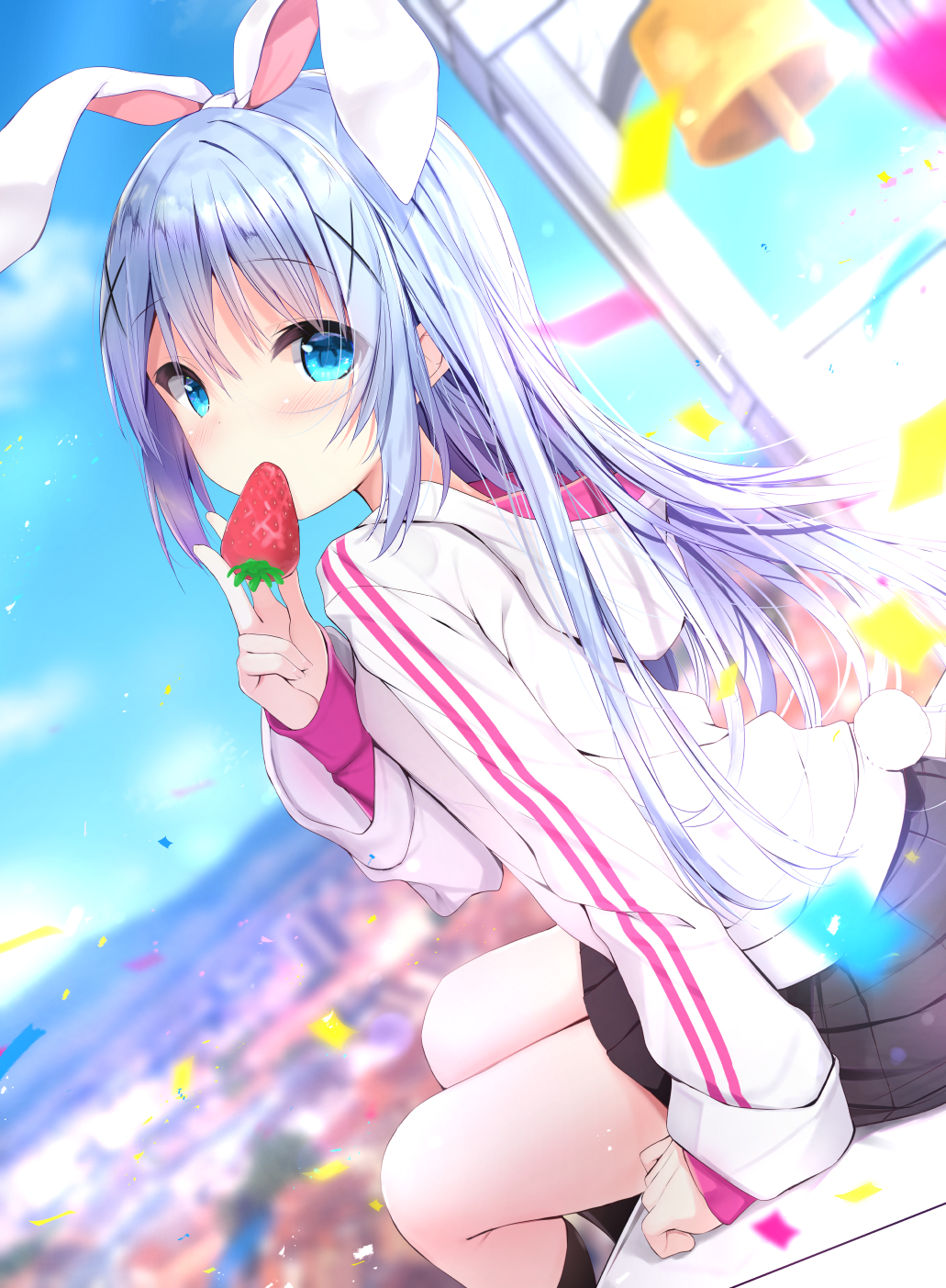 1girl, animal_ears, arm_support, bangs, bell, black_legwear, black_skirt, blue_eyes