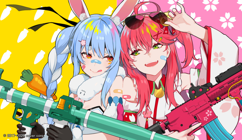 2girls, :p, ahoge, animal_ear_fluff, animal_ears, assault_rifle, bandaid, bandaid_on_nose
