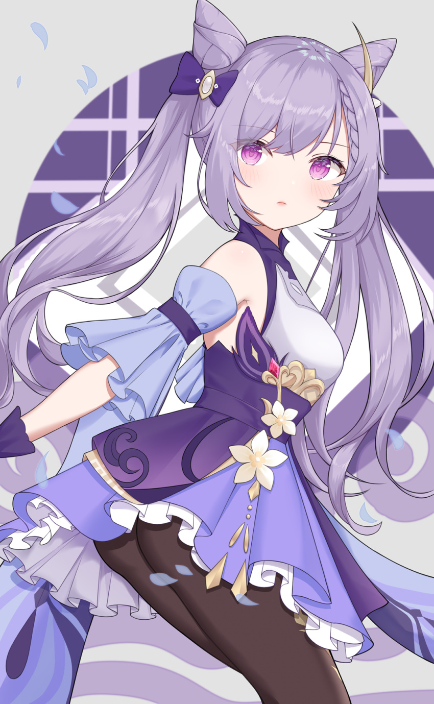 1girl, ass, bare_shoulders, black_legwear, blush, detached_sleeves, double_bun, dress