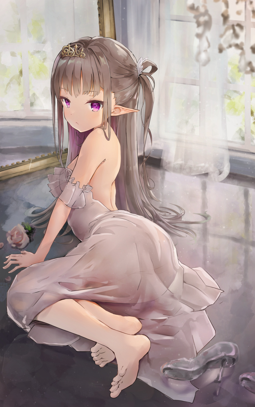 1girl, absurdres, arm_support, bare_shoulders, barefoot, breasts, brown_hair, commentary