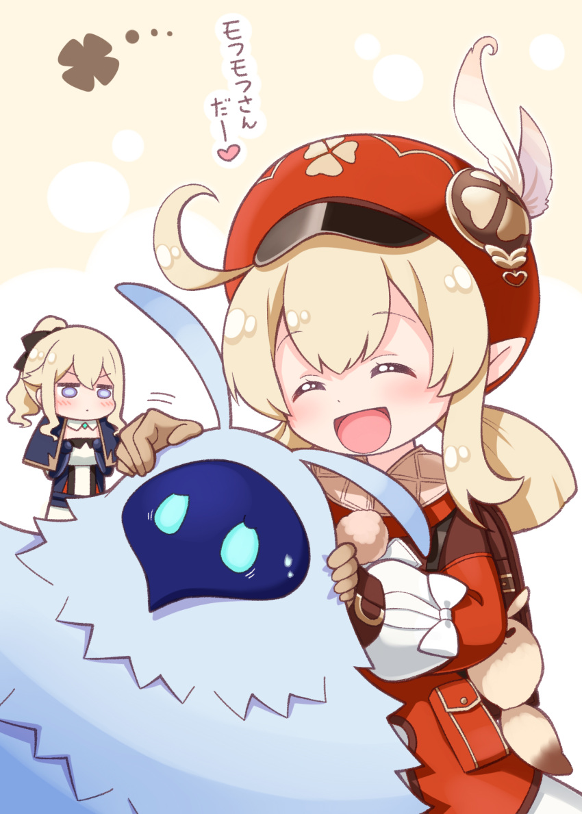2girls, :d, ^_^, abyss_mage_(genshin_impact), bangs, black_bow, blonde_hair, blue_capelet