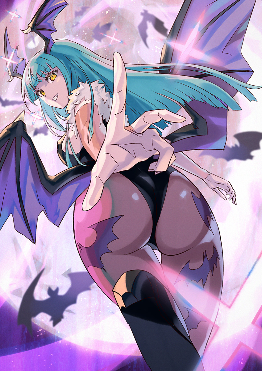 1girl, aqua_hair, ass, bangs, bat_wings, breasts, demon_girl, detached_sleeves, eyebrows_visible_through_hair, floating, head_wings, highres, large_breasts, leotard, long_hair, long_sleeves, looking_at_viewer, low_wings, moon, morrigan_aensland, outstretched_arm, pantyhose, print_legwear, purple_legwear, skin_tight, smile, solo, vampire_(game), wings, yagi2013, yellow_eyes
