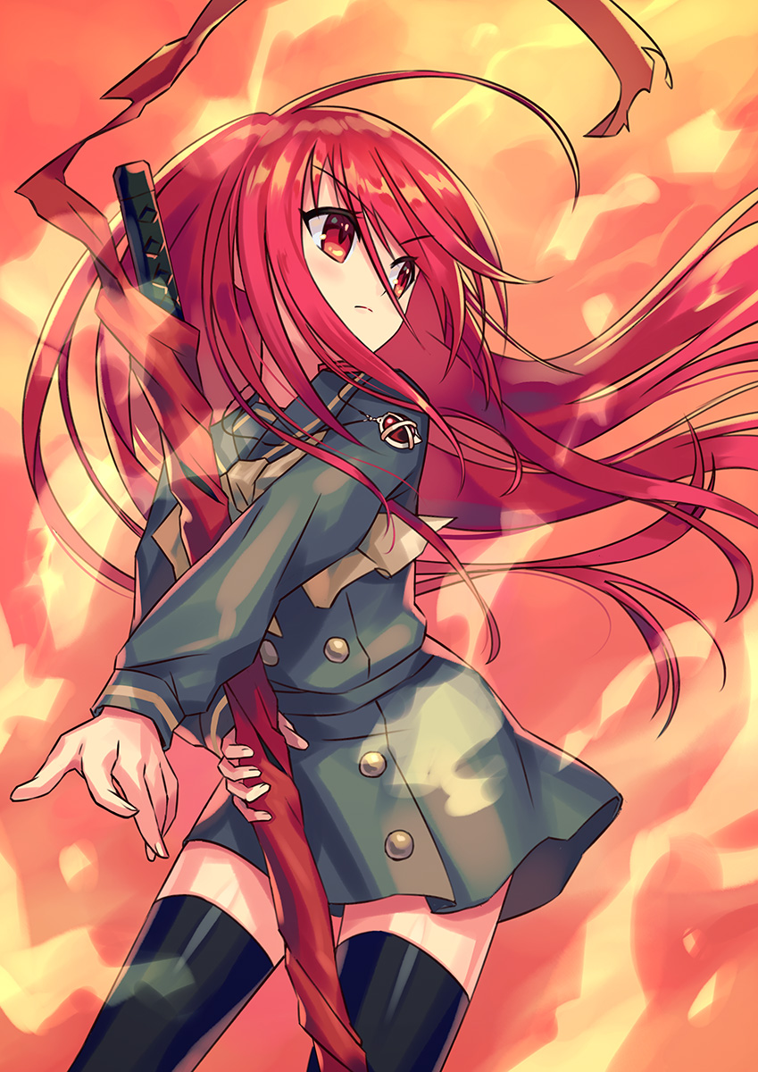 1girl, bangs, black_legwear, bow, coat, fire, green_sailor_collar, green_shirt