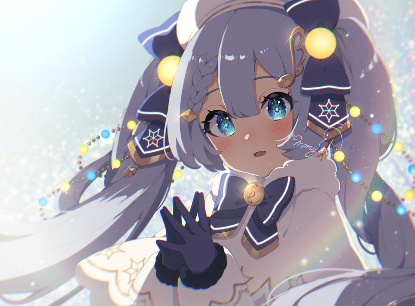 1girl, :d, bangs, beret, black_bow, blue_eyes, blue_gloves, blue_hair