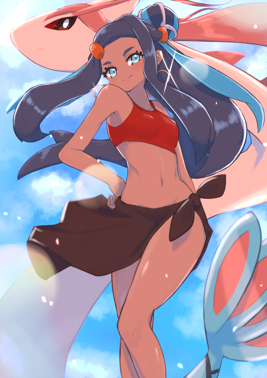 1girl, absurdres, alternate_costume, aqua_eyes, bare_arms, bare_legs, bare_shoulders, black_hair