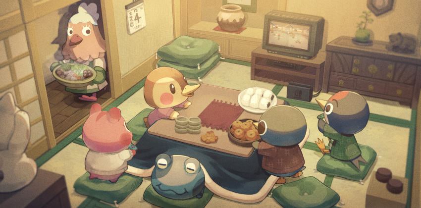 3boys, 3girls, animal_crossing, apple_(animal_crossing), bowl, calendar_(object), controller, cushion