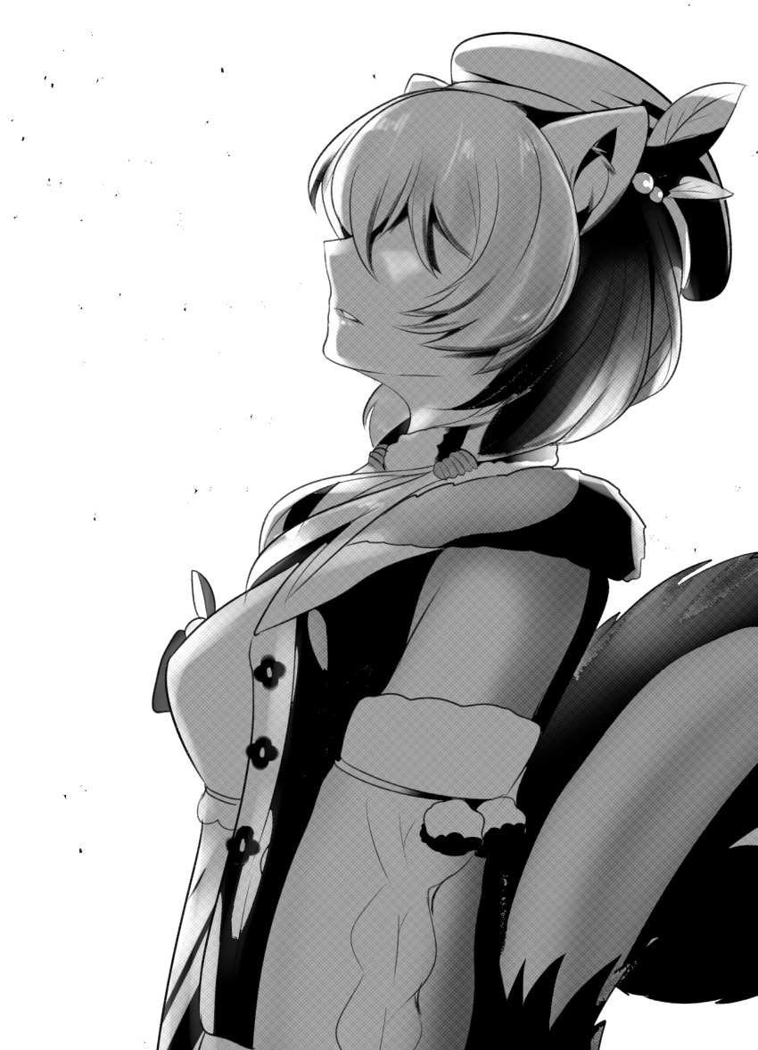 1girl, altronage, animal_ears, ayunda_risu, breasts, covered_eyes, detached_sleeves, english_commentary