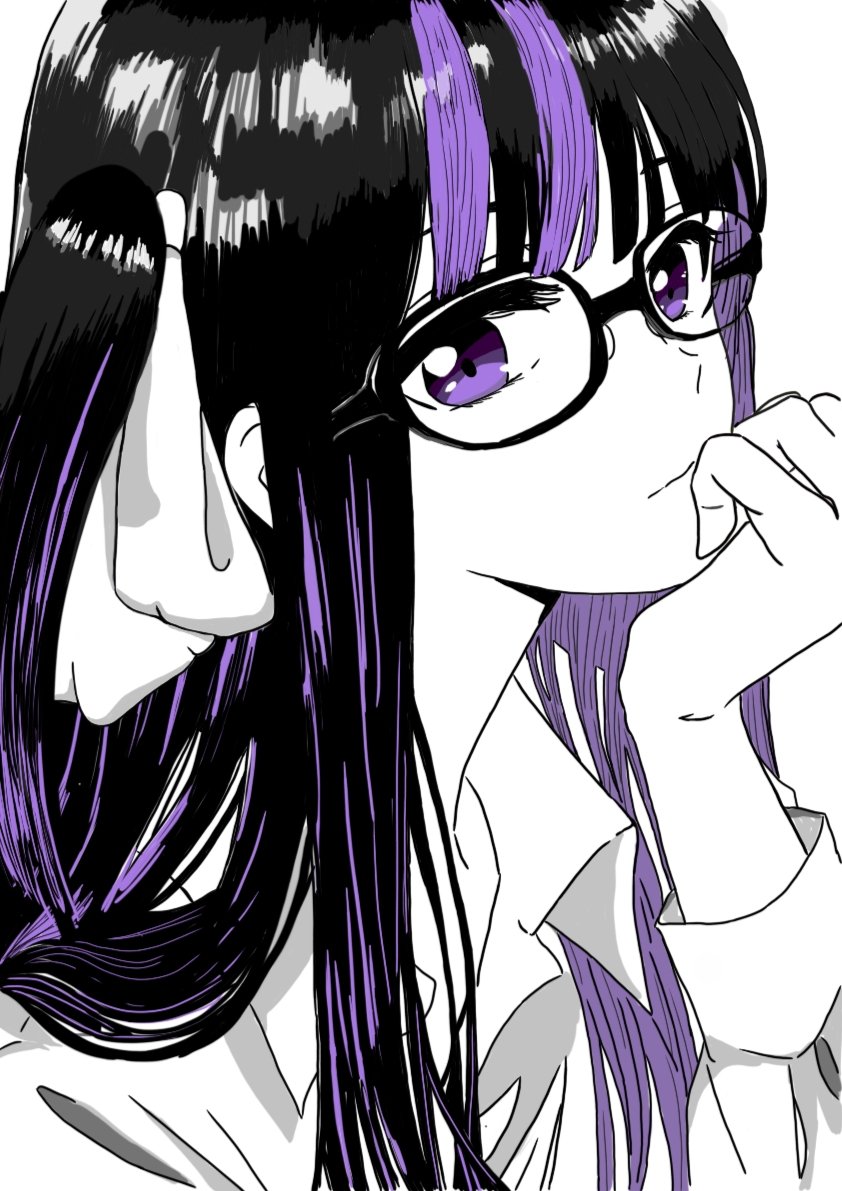 1girl, bangs, black_hair, blunt_bangs, close-up, collared_shirt, colored_inner_hair, english_commentary, eyebrows_behind_hair, glasses, indie_virtual_youtuber, looking_at_viewer, multicolored_hair, nero_d._nekomancer, pale_skin, purple_hair, ririsya, shirt, short_sidetail, solo, spot_color, streaked_hair, violet_eyes, virtual_youtuber, white_background