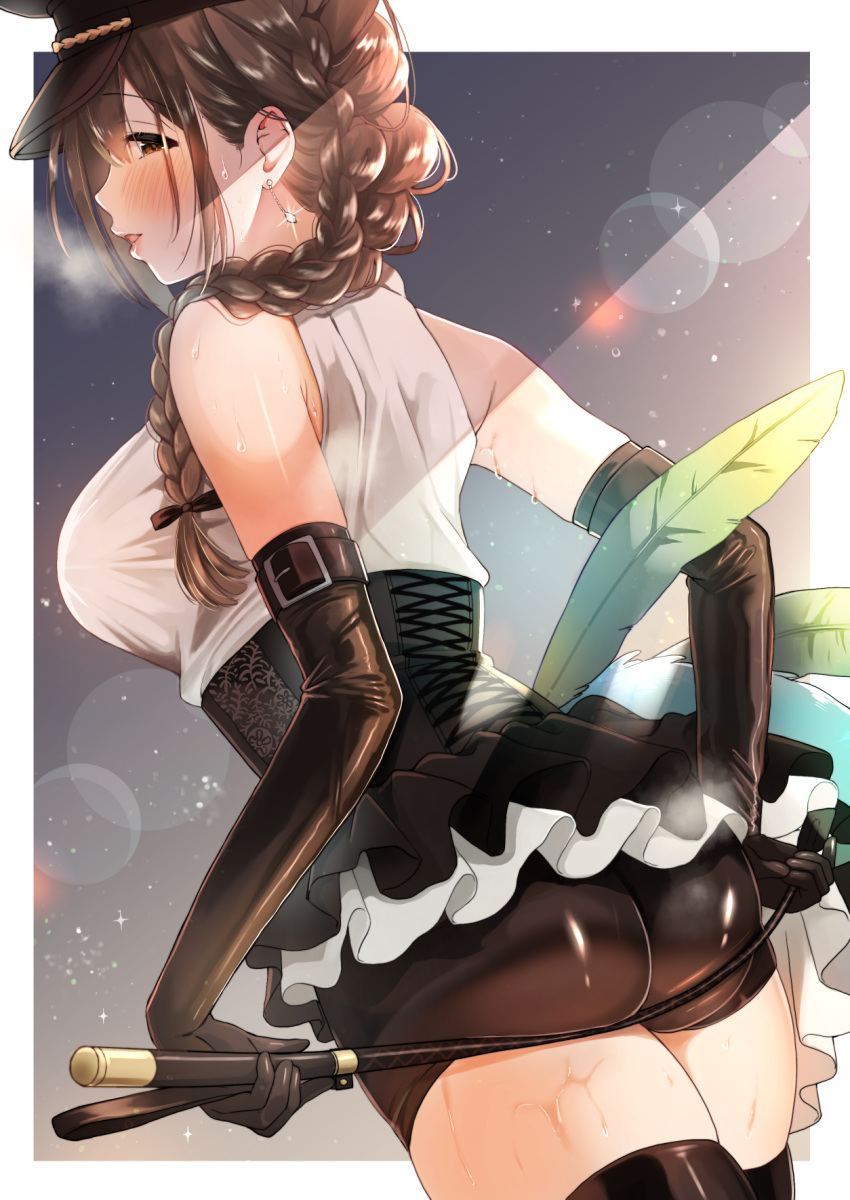 1girl, ass, black_gloves, black_headwear, black_legwear, black_shorts, blush, braid, braided_ponytail, brown_eyes, brown_hair, commentary_request, dutch_angle, earrings, elbow_gloves, frilled_skirt, frills, glance, gloves, hair_over_shoulder, hat, highres, idolmaster, idolmaster_shiny_colors, jewelry, kuwayama_chiyuki, latex, latex_gloves, long_braid, long_hair, looking_at_viewer, looking_back, microskirt, peaked_cap, riding_crop, shade, shirt, short_shorts, shorts, single_braid, skirt, sleeveless, sleeveless_shirt, solo, sweat, thigh-highs, thighs, white_shirt, yuko_(haruruyuco)