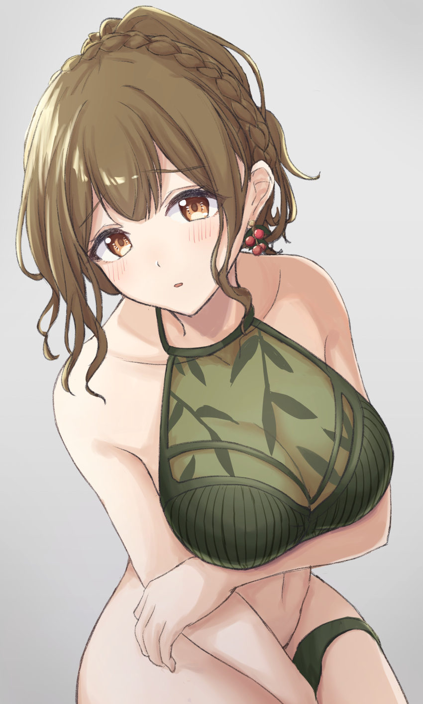1girl, absurdres, bare_shoulders, bikini, bikini_bottom_removed, bikini_top, braid, breasts