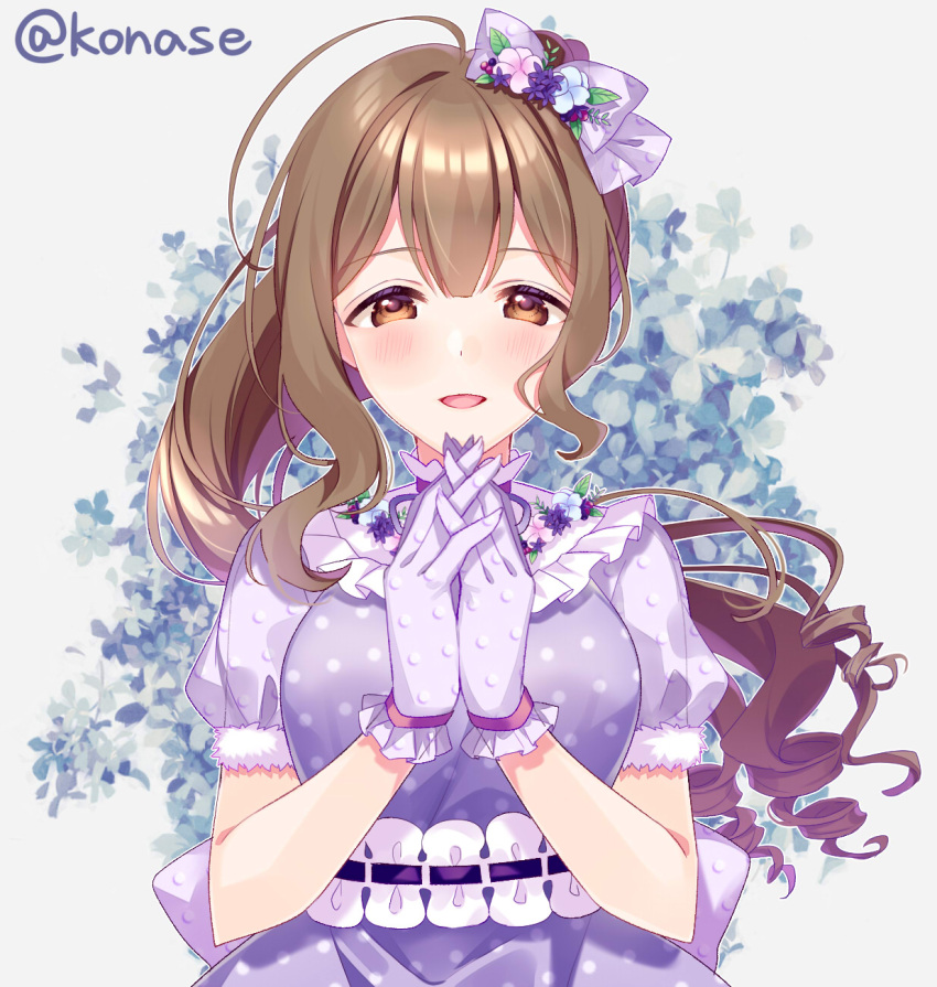 1girl, ahoge, bow, brown_eyes, brown_hair, commentary_request, dress, flower