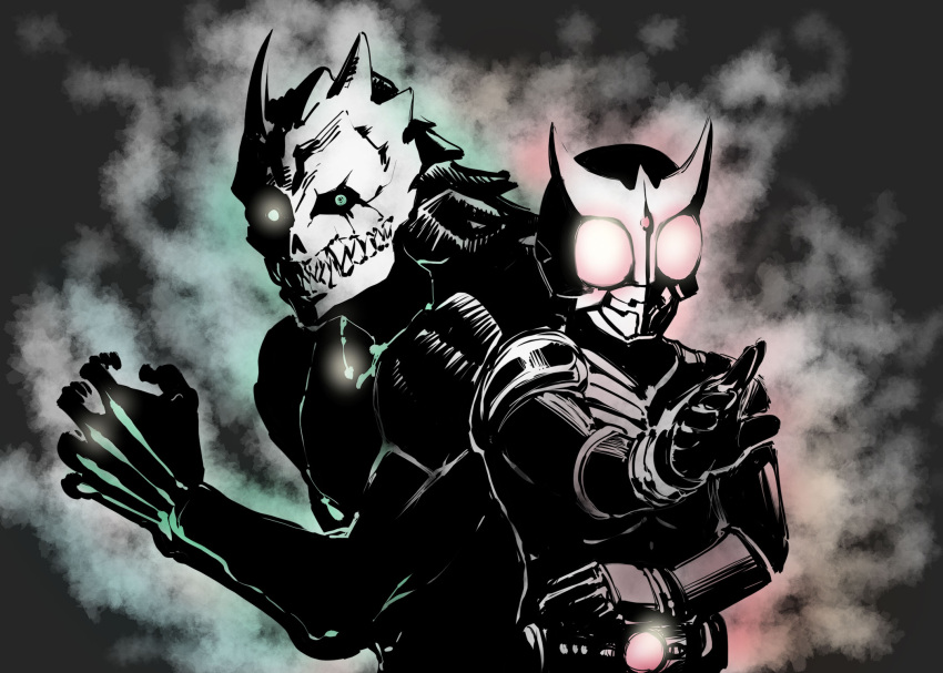 2boys, armor, belt, commentary, crossover, fighting_stance, full_armor, gloves