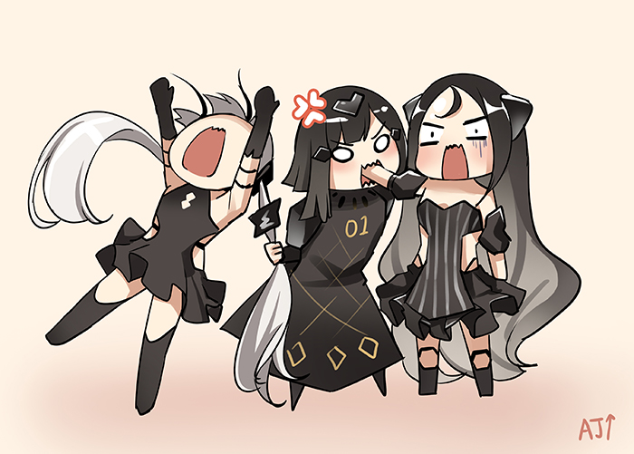 3girls, absurdly_long_hair, anger_vein, angry, anna_(girls_frontline), ark_john_up, biting_arm, biting_hand