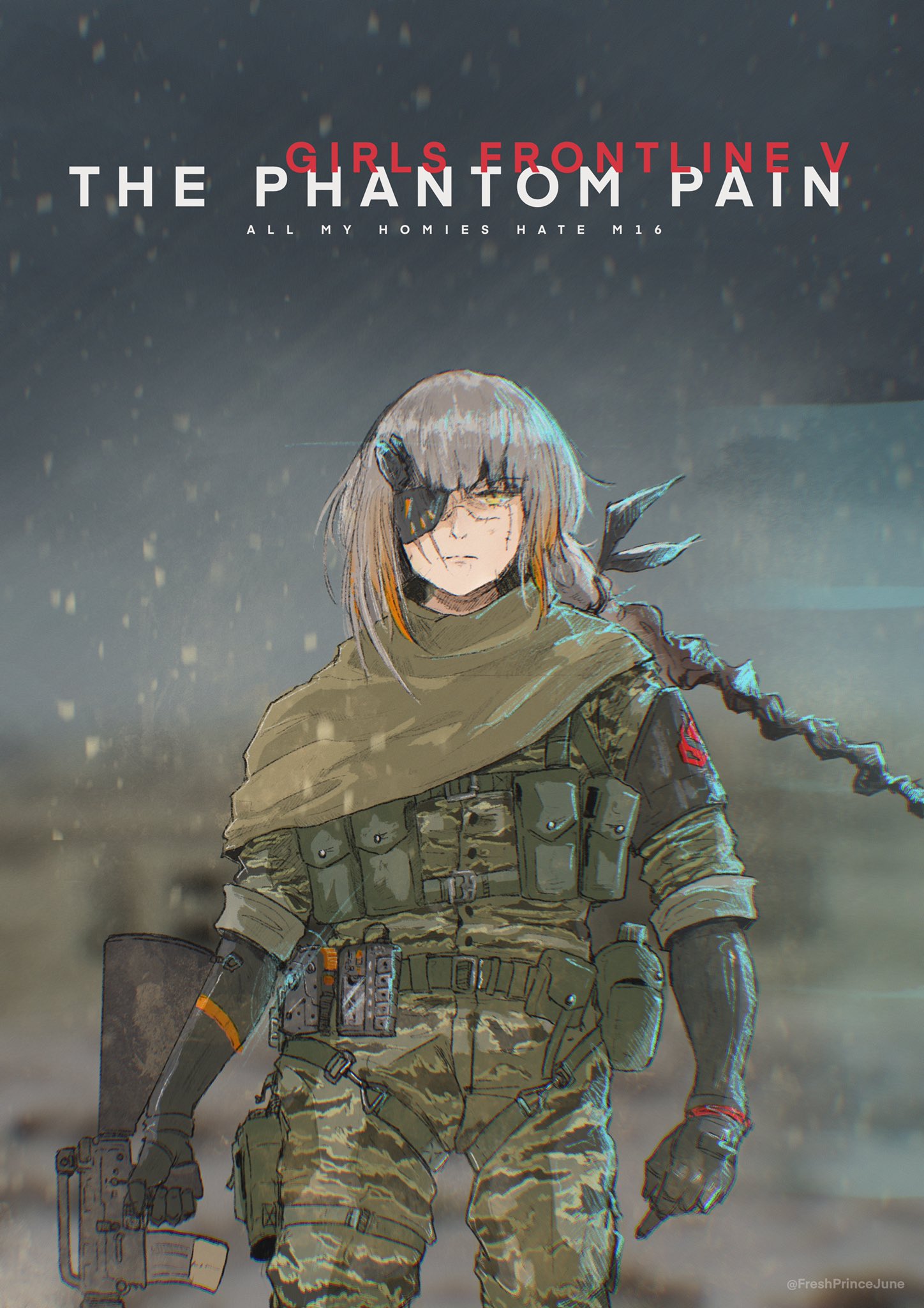 1girl, braid, cosplay, eyepatch, freshprincejune, girls_frontline, highlights, highres