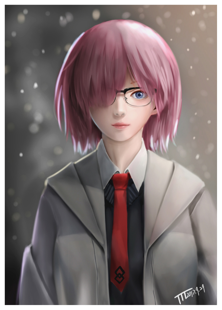 1girl, bangs, black-framed_eyewear, black_vest, blue_eyes, bob_cut, chaldea_uniform, closed_mouth