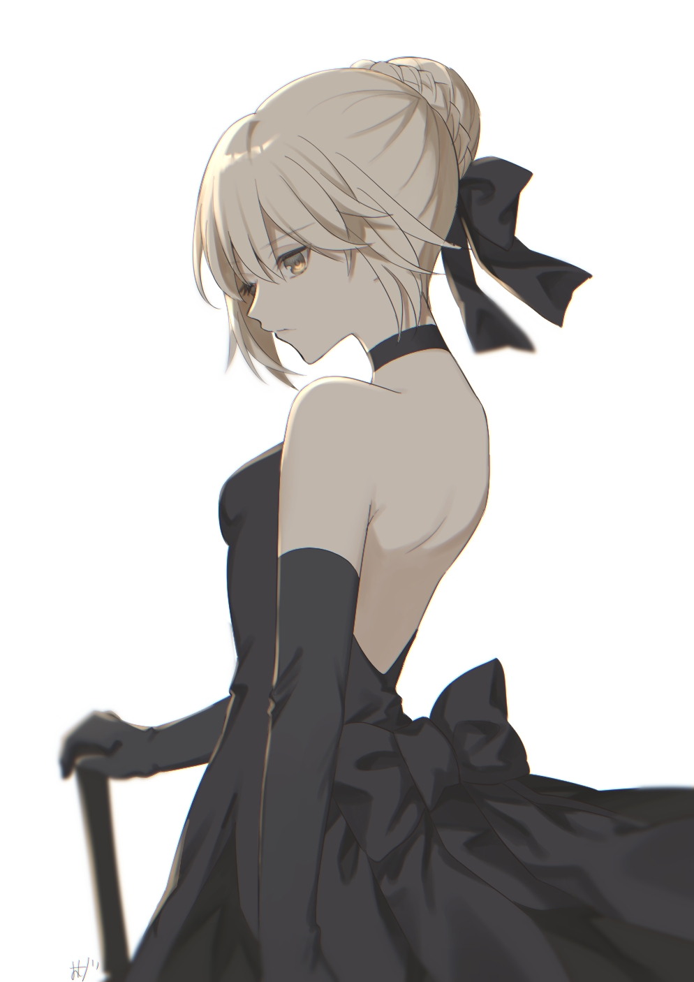 1girl, artoria_pendragon_(all), backless_dress, backless_outfit, bangs, black_bow, black_choker, black_dress