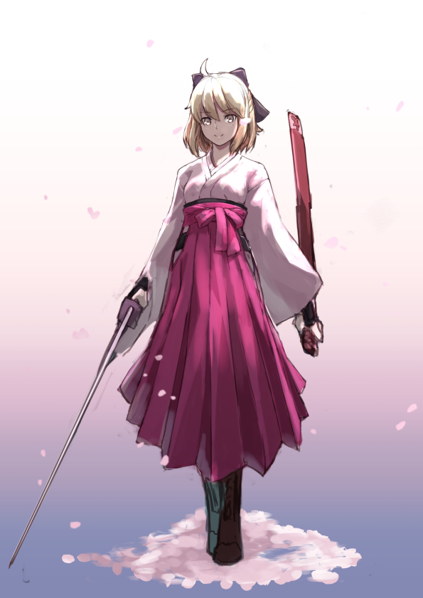 1girl, ahoge, ankimo_(nirudo), bangs, black_bow, blonde_hair, boots, bow