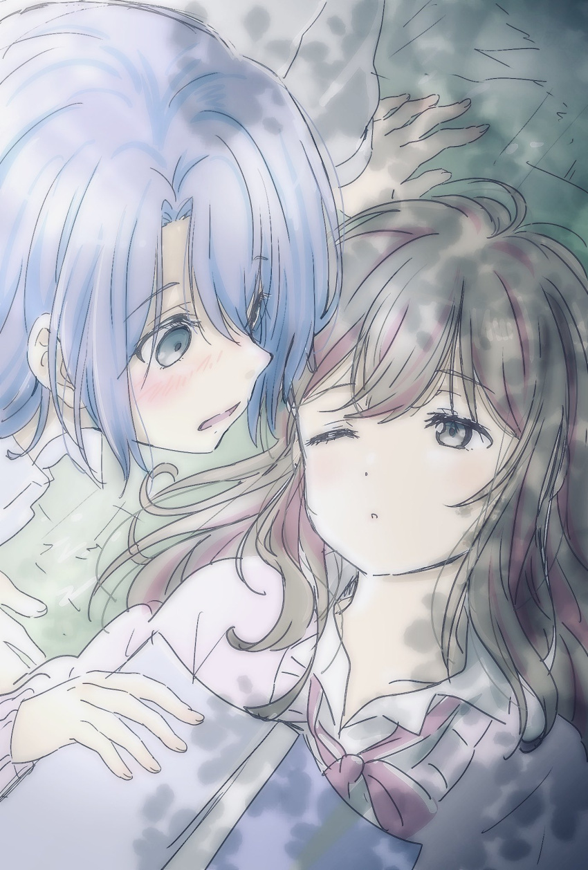 2girls, ;o, adachi_sakura, adachi_to_shimamura, aqua_eyes, blue_hair, blush, book