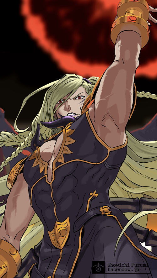 1boy, arm_up, armpits, bare_pecs, beelzebub_(granblue_fantasy), black_bodysuit, blonde_hair, bodysuit