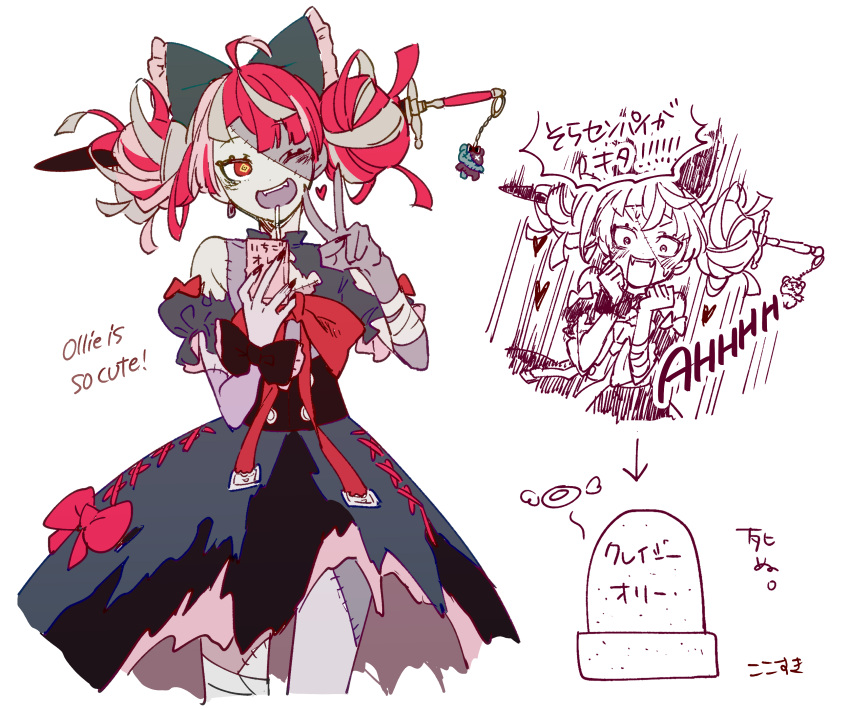 aaanecooo, absurdres, ahoge, bangs, black_bow, bow, character_name, clenched_hands, double_bun, drinking_straw, english_commentary, english_text, fangs, grey_hair, hair_bow, halo, highres, hololive, hololive_indonesia, huge_bow, juice_box, kureiji_ollie, multicolored_hair, one_eye_closed, open_mouth, partially_translated, pink_hair, red_bow, red_eyes, redhead, sketch, smile, stitches, surprised, sword, tombstone, translation_request, v, virtual_youtuber, weapon, wide-eyed, zombie