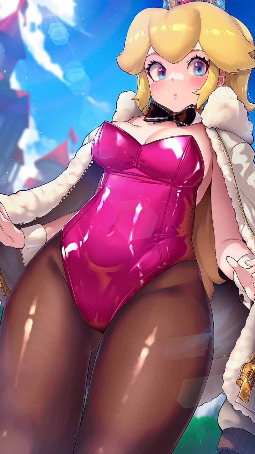 1girl, ass_visible_through_thighs, bangs, black_neckwear, blonde_hair, blue_eyes, blush, bow