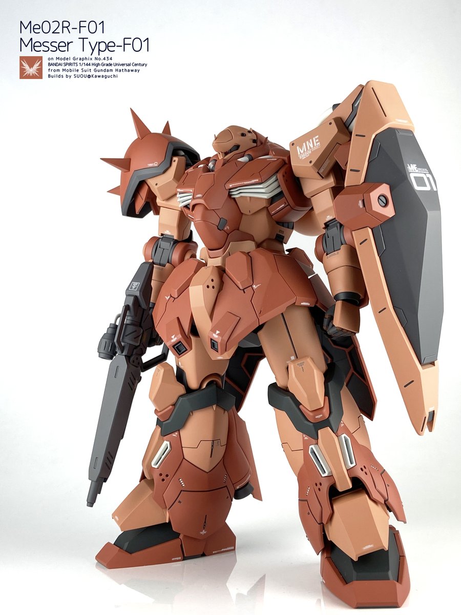 character_name, clenched_hand, gun, gundam, gundam_hathaway's_flash, gunpla, highres, holding, holding_gun, holding_weapon, looking_ahead, mecha, messer_(mobile_suit), model_kit, no_humans, one-eyed, photo_(medium), shield, solo, standing, suo_(suou_ray), weapon, white_background