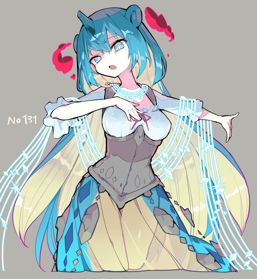 1girl, :o, blue_eyes, blue_hair, breasts, commentary_request, gen_1_pokemon, gigantamax, gigantamax_lapras, grey_background, highres, horns, jewelry, lapras, looking_at_viewer, medium_breasts, medium_hair, necklace, personification, pokemon, pokemon_(game), pokemon_swsh, sakutake_(ue3sayu), see-through, shawl, simple_background, single_horn, solo