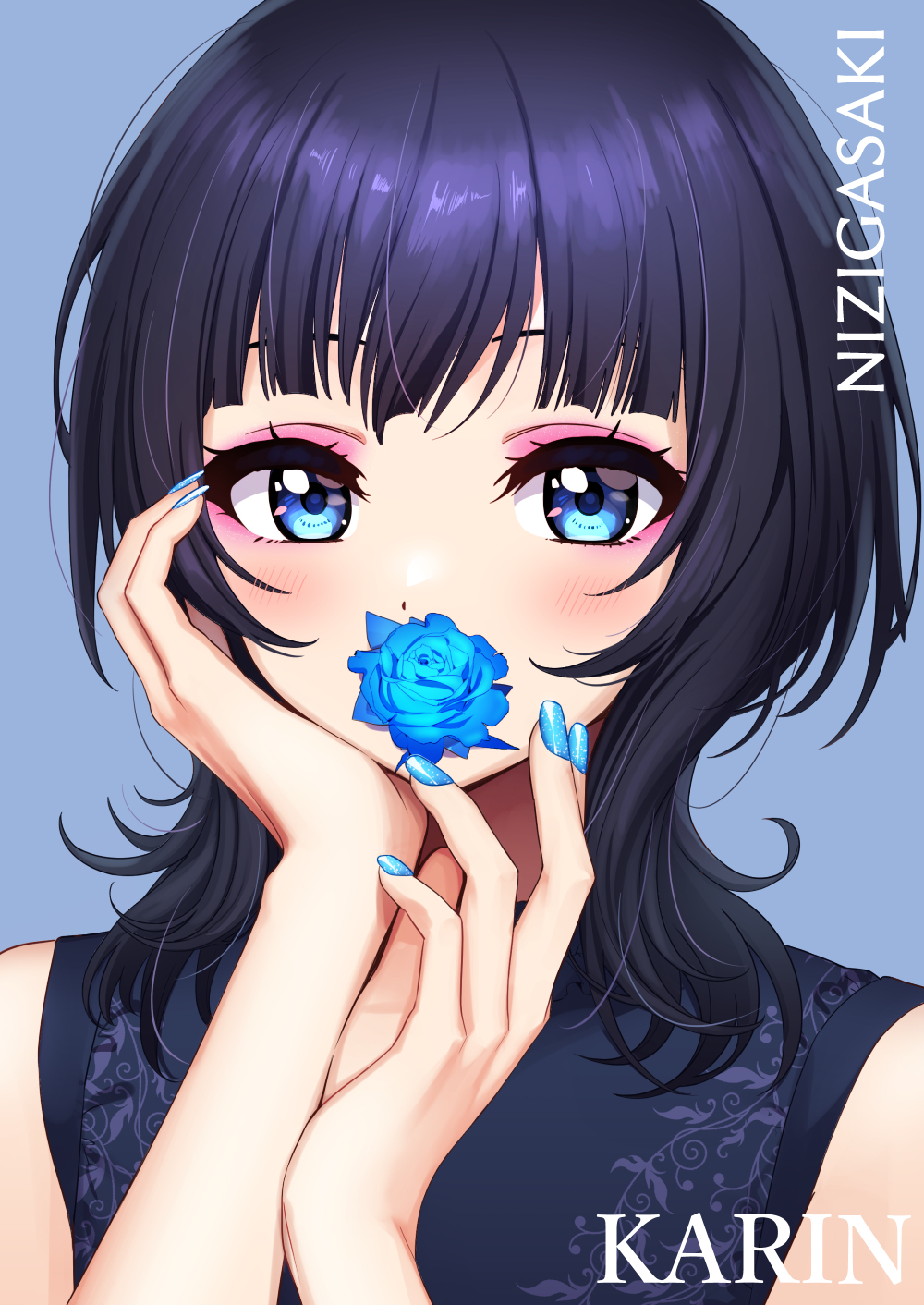 1girl, asaka_karin, bare_shoulders, blue_background, blue_dress, blue_eyes, blue_flower, blue_nails
