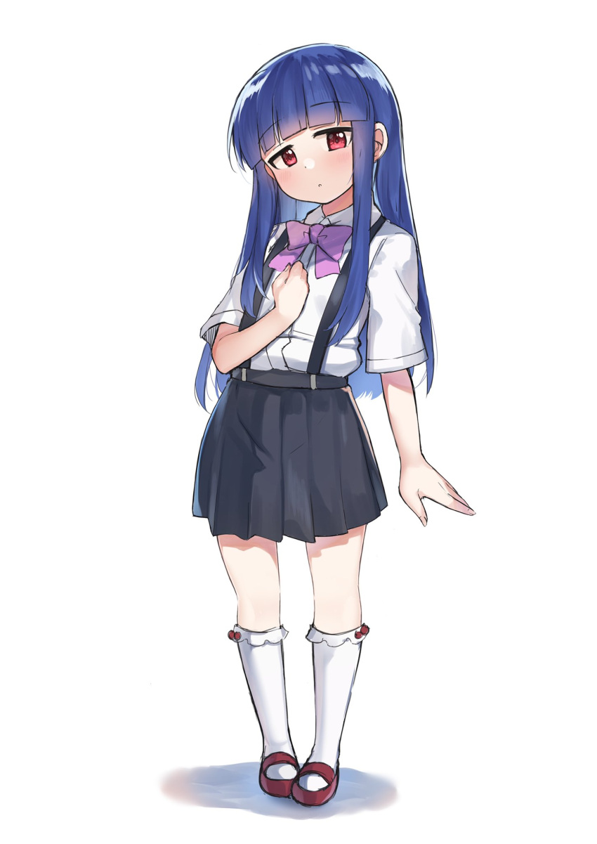 1girl, bangs, black_skirt, blue_hair, blunt_bangs, blush, bow, bowtie