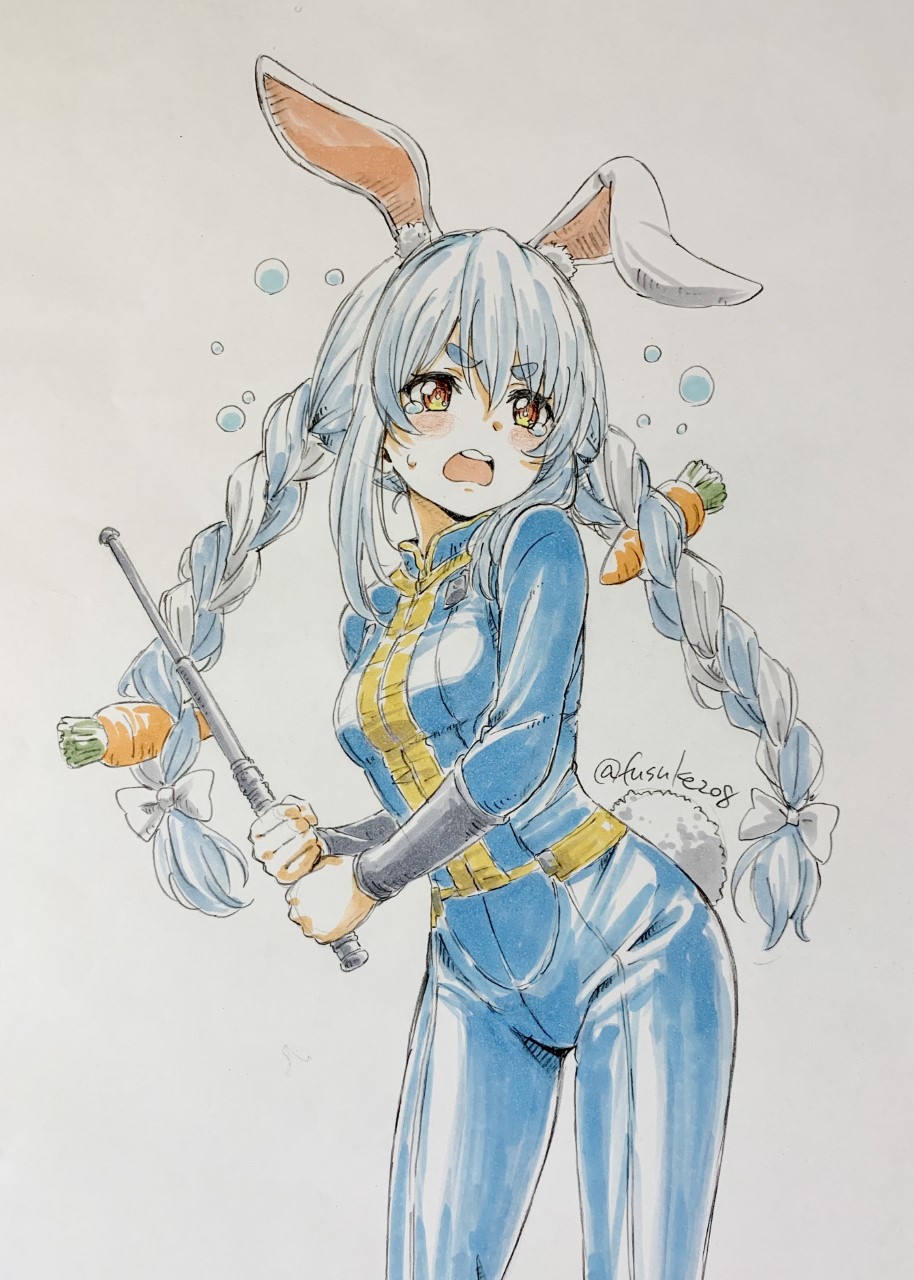 1girl, animal_ear_fluff, animal_ears, blue_bodysuit, blue_hair, bodysuit, bow, braid