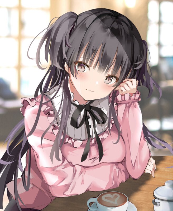 1girl, :3, arm_rest, arm_under_breasts, bangs, black_hair, black_neckwear, black_ribbon