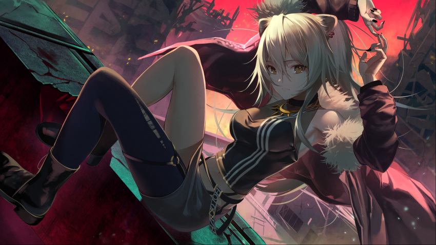 1girl, animal_ears, asymmetrical_legwear, black_footwear, black_jacket, black_legwear, black_nails, black_shirt