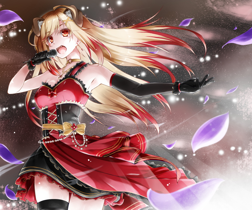 1girl, animal_ears, animare, blonde_hair, fuyuno_taka, gloves, hair_ornament, highres, long_hair, microphone, multicolored_hair, seshima_rui, virtual_youtuber