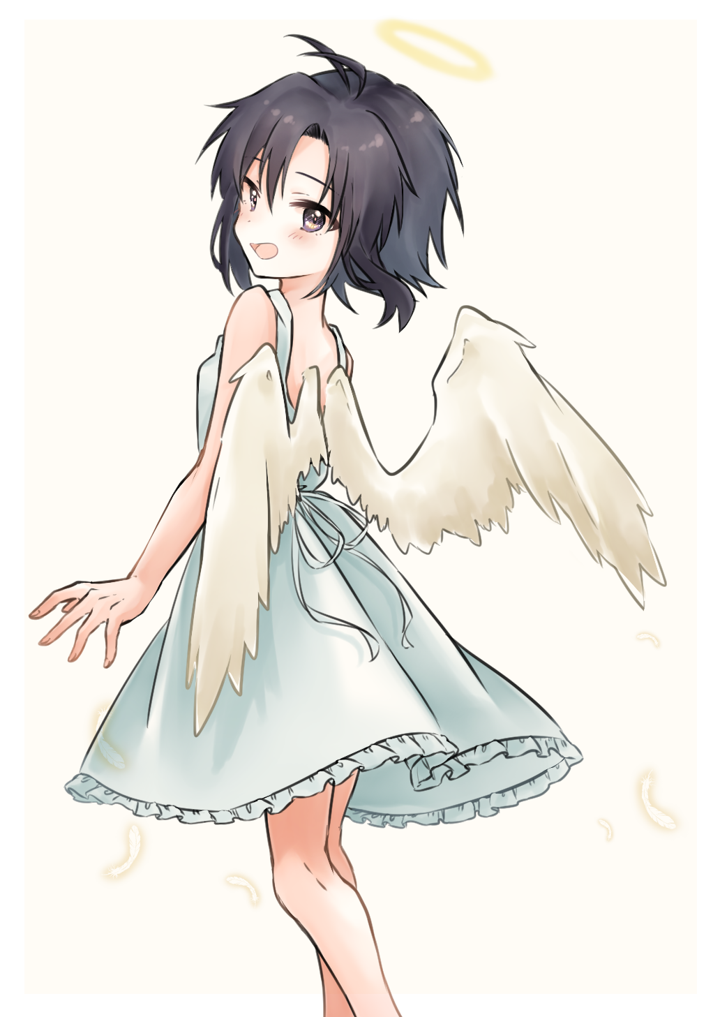 1girl, :d, angel, angel_wings, antenna_hair, ayuko_ammobium, bangs, bare_back, black_hair, blush, brown_eyes, dress, feathers, feet_out_of_frame, frilled_dress, frills, halo, highres, idolmaster, idolmaster_(classic), kikuchi_makoto, looking_at_viewer, looking_back, looking_to_the_side, open_mouth, short_hair, sleeveless, sleeveless_dress, smile, solo, sundress, white_background, white_feathers, white_wings, wings