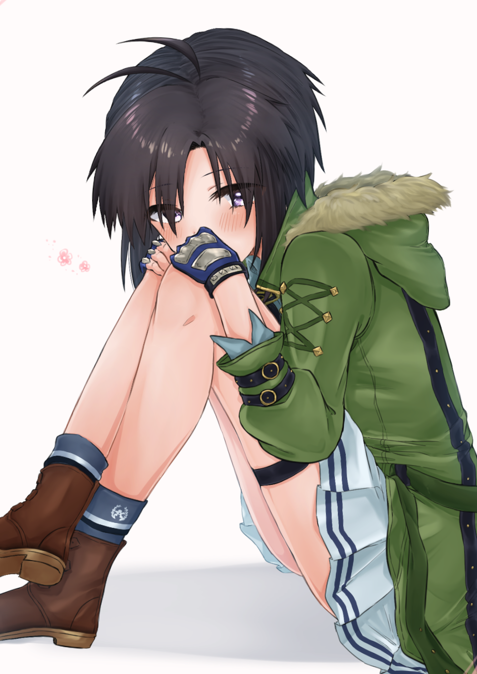 1girl, antenna_hair, ayuko_ammobium, bangs, black_eyes, black_hair, blue_gloves, blush