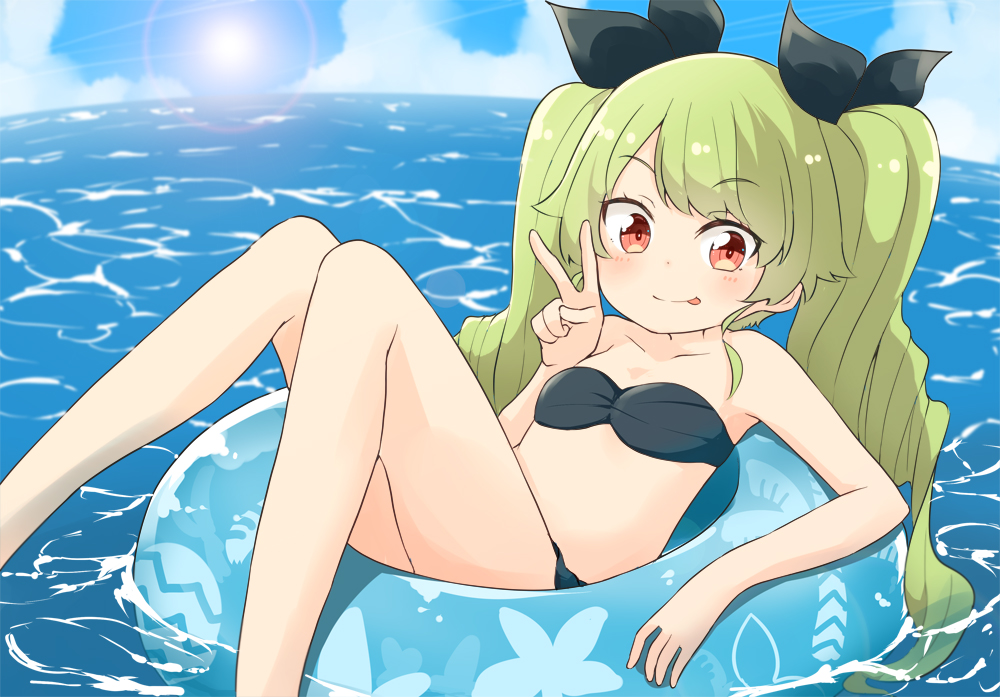 1girl, :p, anchovy_(girls_und_panzer), bandeau, bangs, barashiya, bikini, black_bikini