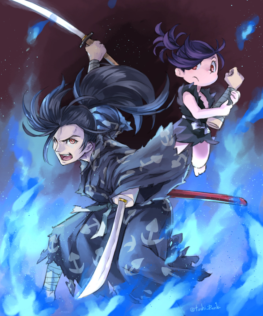 1boy, 1girl, absurdres, amputee, bandaged_arm, bandaged_leg, bandages, bare_shoulders