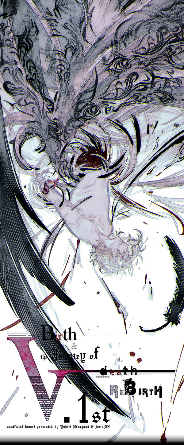 1boy, abstract, artist_name, black_feathers, character_name, closed_eyes, devil_may_cry, devil_may_cry_5