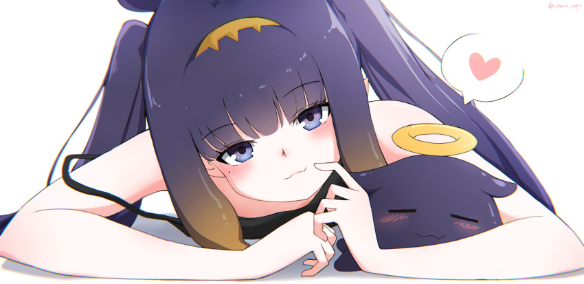 1girl, :3, blush, breasts, chain's, chromatic_aberration, closed_mouth, finger_to_cheek, halo, head_tilt, heart, highres, hololive, hololive_english, hug, long_hair, looking_at_viewer, lying, mole, mole_under_eye, ninomae_ina'nis, on_stomach, pointy_ears, purple_hair, sidelocks, simple_background, small_breasts, solo, spoken_heart, strap_slip, tako_(ninomae_ina'nis), tentacle_hair, twintails, violet_eyes, white_background