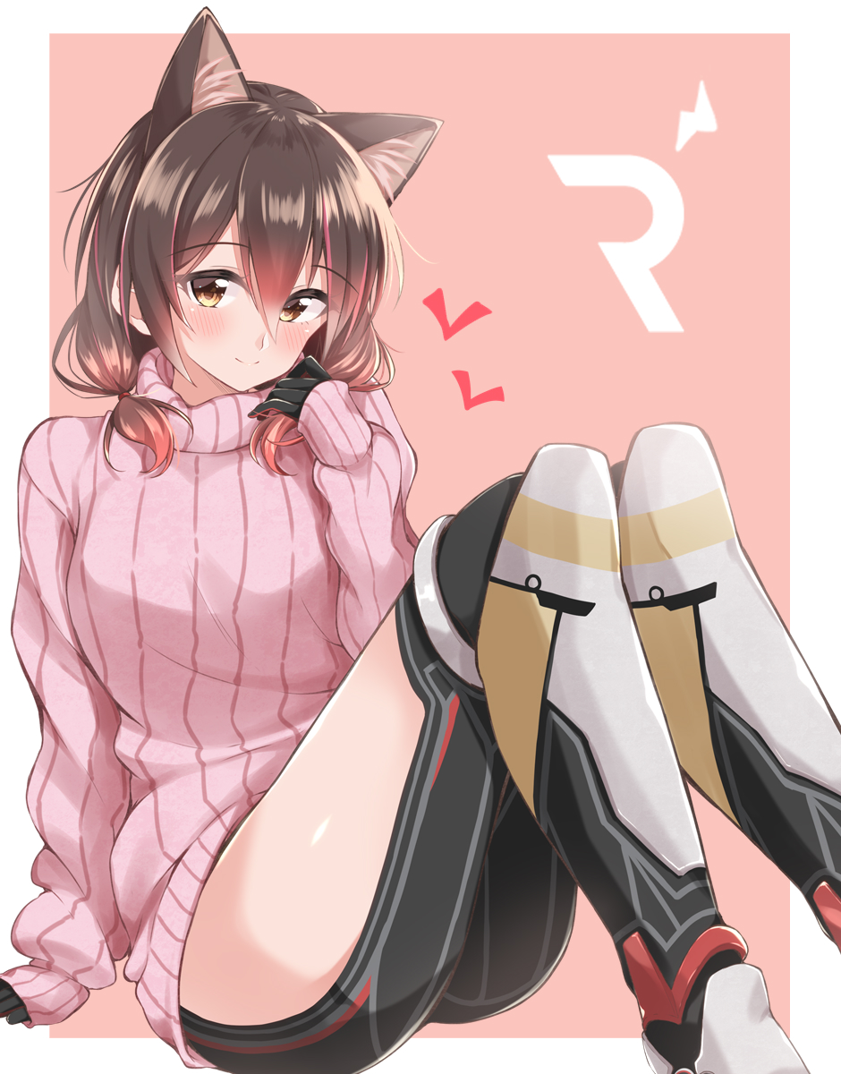 1girl, animal_ear_fluff, animal_ears, arm_support, black_gloves, black_legwear, border, breasts