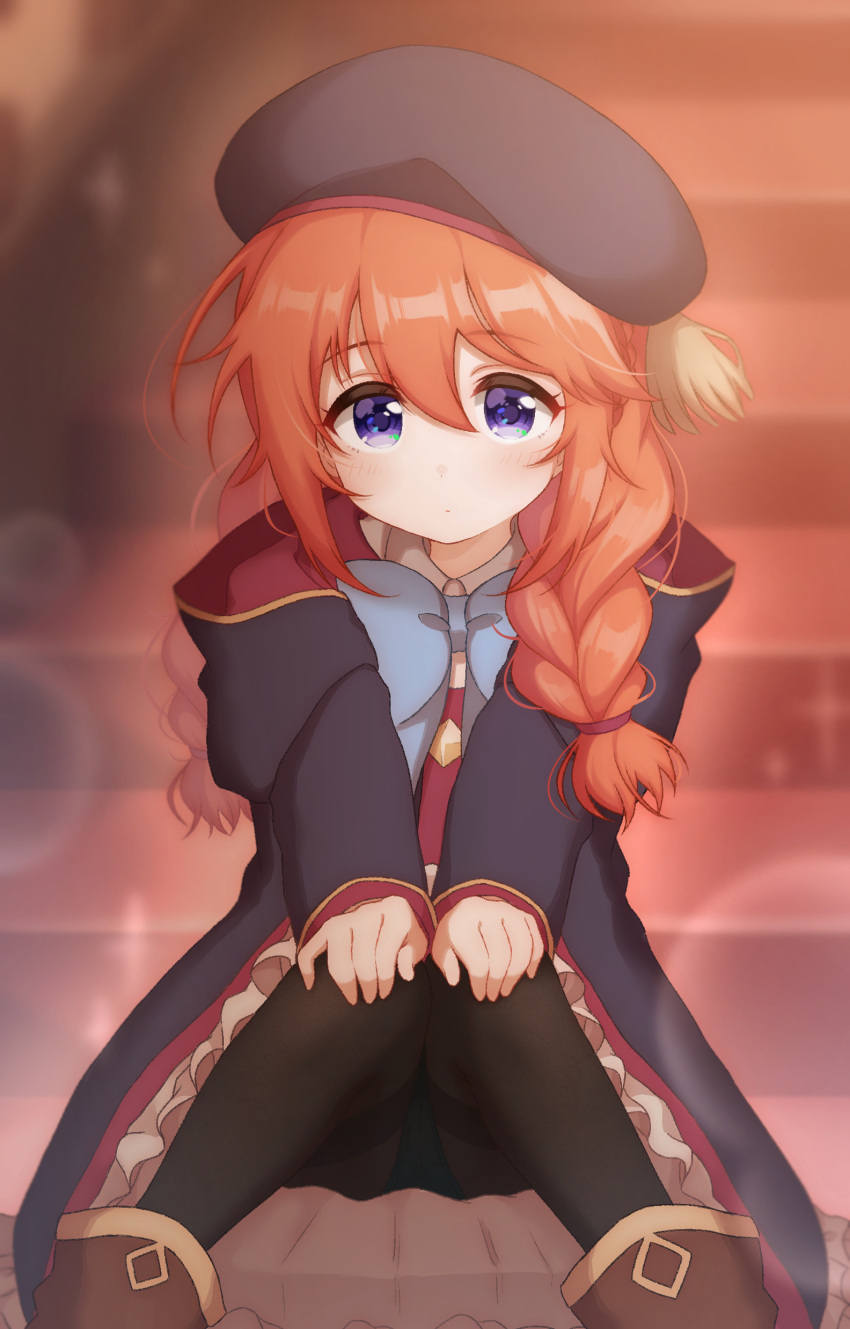 1girl, absurdres, black_coat, black_headwear, black_legwear, blue_bow, blue_eyes, blurry, blurry_background, blush, bow, bowtie, braid, brown_footwear, closed_mouth, coat, collared_shirt, commentary_request, eyebrows_visible_through_hair, feet_out_of_frame, frills, hair_between_eyes, hands_on_own_knees, highres, hokutoro64, hood, hood_down, hooded_coat, long_hair, long_sleeves, looking_at_viewer, orange_hair, panties, panties_under_pantyhose, pantyhose, princess_connect!, princess_connect!_re:dive, shirt, solo, stairs, twin_braids, underwear, white_shirt, yuni_(princess_connect!)