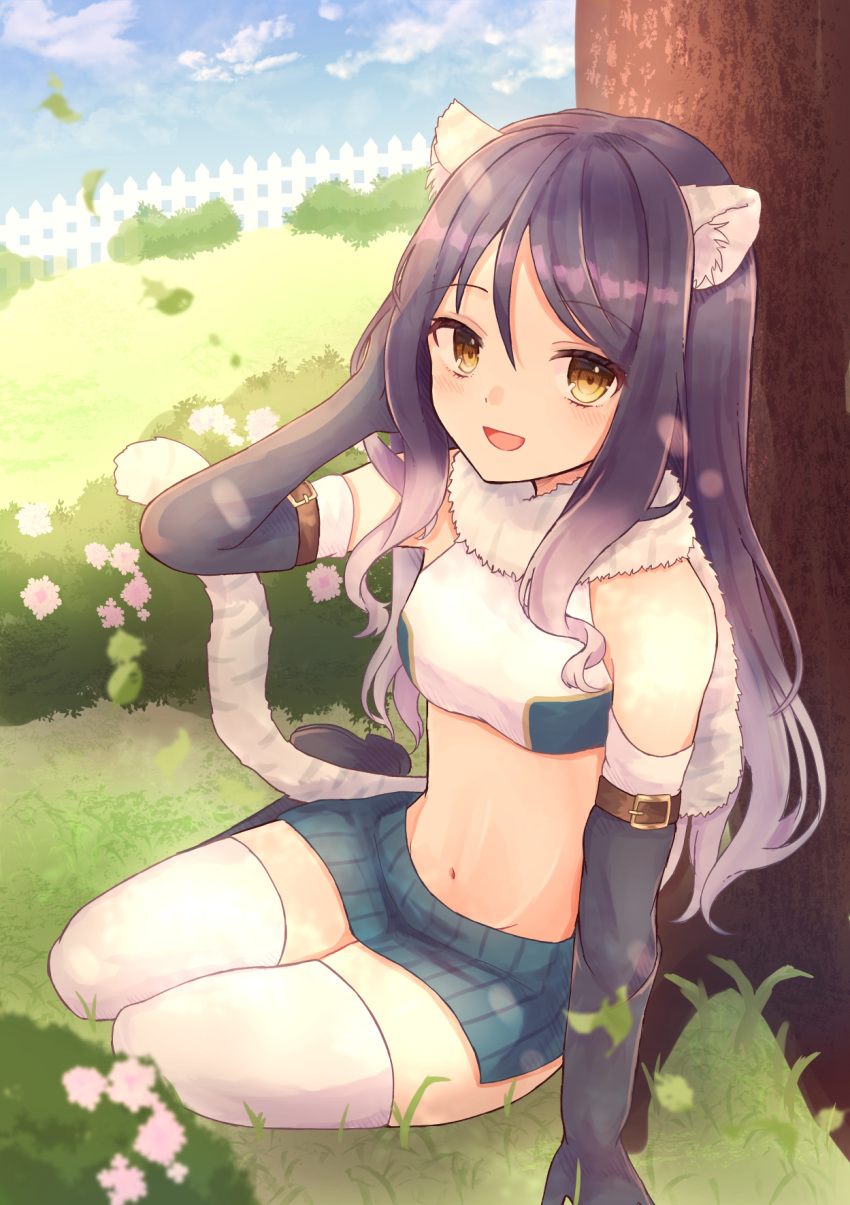 1girl, :d, animal_ear_fluff, animal_ears, arm_belt, bandeau, bangs, bare_shoulders