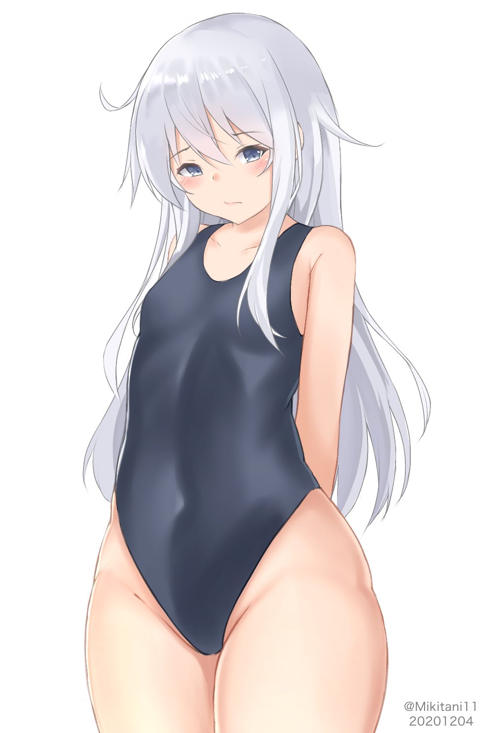 1girl, 88942731ne, arms_behind_back, black_swimsuit, commentary_request, covered_navel, cowboy_shot, embarrassed, flat_chest, grey_eyes, hibiki_(kantai_collection), highleg, highleg_swimsuit, highres, kantai_collection, long_hair, looking_at_viewer, simple_background, solo, standing, swimsuit, white_background, white_hair