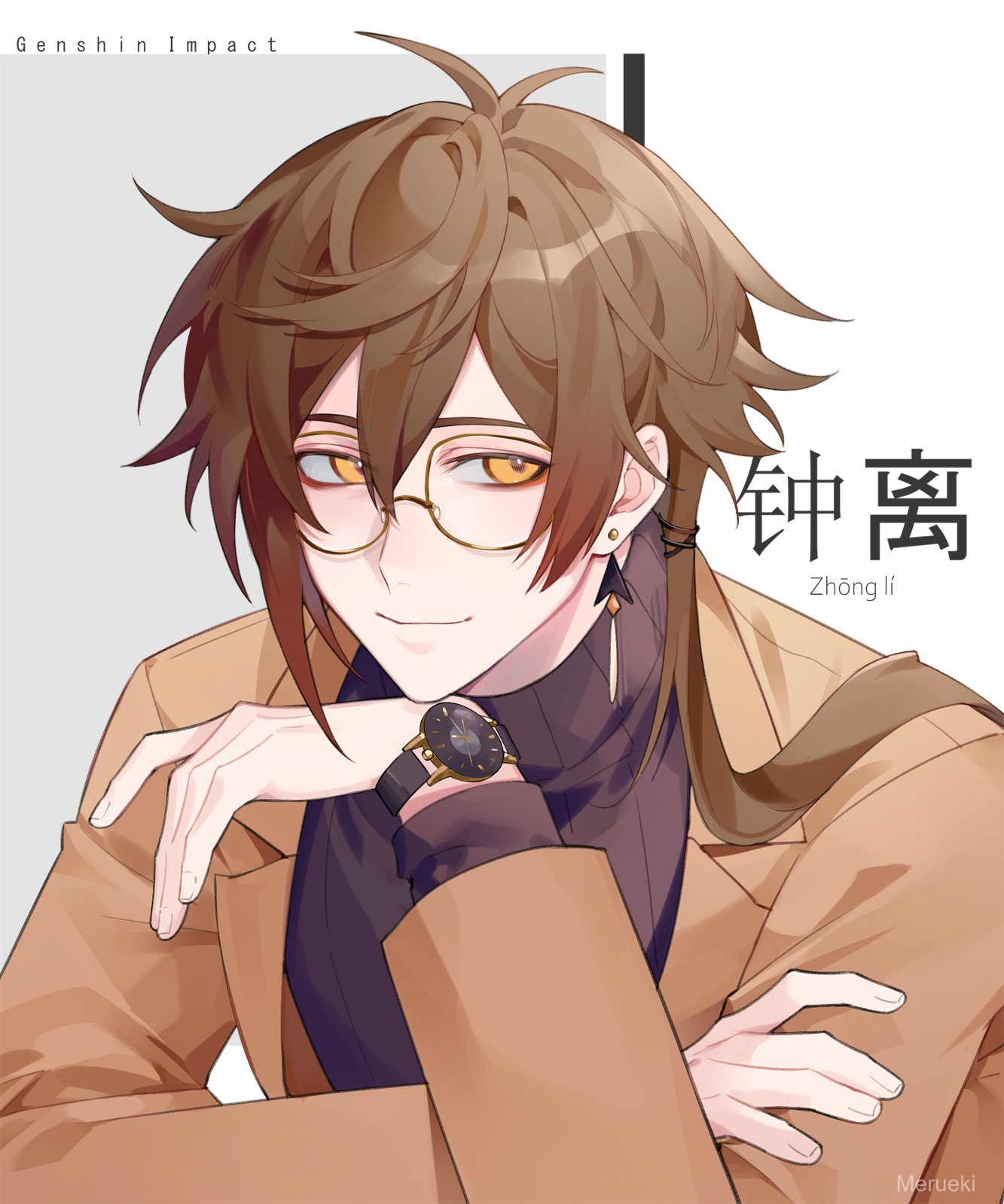 1boy, bangs, brown_hair, chinese_text, closed_mouth, earrings, english_text, formal, genshin_impact, glasses, hair_between_eyes, highres, jacket, jewelry, long_hair, long_sleeves, looking_at_viewer, male_focus, merueki, simple_background, single_earring, smile, solo, translation_request, turtleneck, watch, white_background, yellow_eyes, zhongli_(genshin_impact)